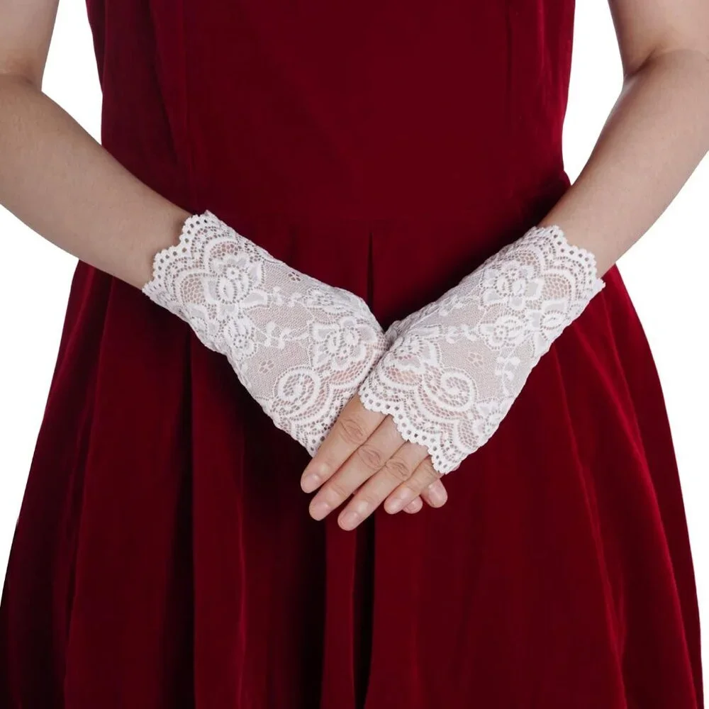 Women's 2 Pairs White Lace Fingerless Gloves Party Prom Costume Accessories